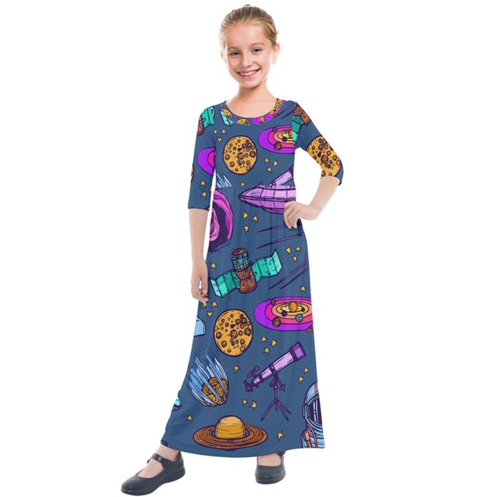 Space Sketch Set Colored Kids  Quarter Sleeve Maxi Dress