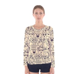 Seamless Pattern With Cute Monster Doodle Women s Long Sleeve Tee