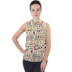 Seamless Pattern With Cute Monster Doodle Mock Neck Chiffon Sleeveless Top