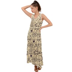 Seamless Pattern With Cute Monster Doodle V-neck Chiffon Maxi Dress