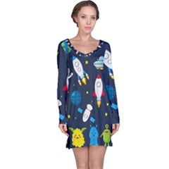 Big Set Cute Astronauts Space Planets Stars Aliens Rockets Ufo Constellations Satellite Moon Rover V Long Sleeve Nightdress