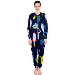 Big Set Cute Astronauts Space Planets Stars Aliens Rockets Ufo Constellations Satellite Moon Rover V Onepiece Jumpsuit (ladies)  by Nexatart