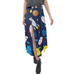 Big Set Cute Astronauts Space Planets Stars Aliens Rockets Ufo Constellations Satellite Moon Rover V Velour Split Maxi Skirt