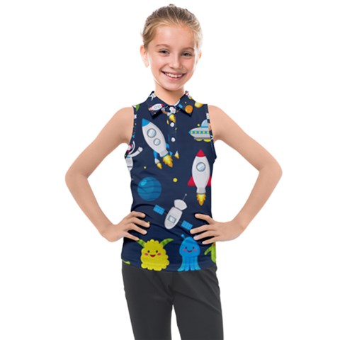 Big Set Cute Astronauts Space Planets Stars Aliens Rockets Ufo Constellations Satellite Moon Rover V Kids  Sleeveless Polo Tee by Nexatart