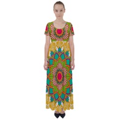 Mandala Patterns Yellow High Waist Short Sleeve Maxi Dress by Nexatart