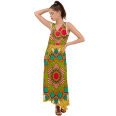 Mandala Patterns Yellow V-neck Chiffon Maxi Dress