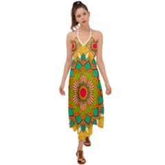 Mandala Patterns Yellow Halter Tie Back Dress 