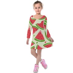 Cute Watermelon Seamless Pattern Kids  Long Sleeve Velvet Dress