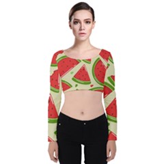 Cute Watermelon Seamless Pattern Velvet Long Sleeve Crop Top