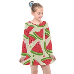 Cute Watermelon Seamless Pattern Kids  Long Sleeve Dress