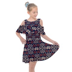 Ukrainian Folk Seamless Pattern Ornament Kids  Shoulder Cutout Chiffon Dress