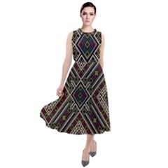 Zentangle Style Geometric Ornament Pattern Round Neck Boho Dress