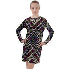 Zentangle Style Geometric Ornament Pattern Long Sleeve Hoodie Dress