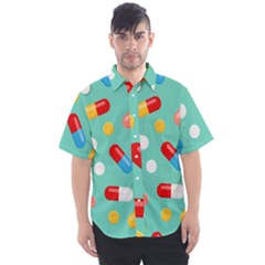 Pills Medicines Seamless Pattern Blue Background Men s Short Sleeve Shirt