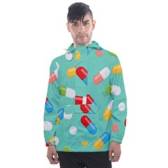 Pills Medicines Seamless Pattern Blue Background Men s Front Pocket Pullover Windbreaker by Nexatart