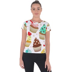 Seamless Pattern Yummy Colored Cupcakes Short Sleeve Sports Top  by Nexatart