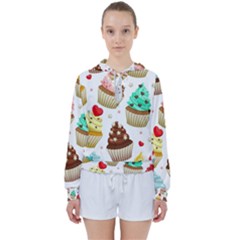 Seamless Pattern Yummy Colored Cupcakes Women s Tie Up Sweat