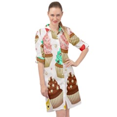 Seamless Pattern Yummy Colored Cupcakes Long Sleeve Mini Shirt Dress