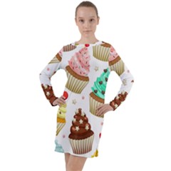 Seamless Pattern Yummy Colored Cupcakes Long Sleeve Hoodie Dress