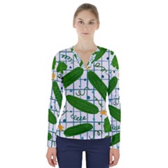 Seamless Pattern With Cucumber V-neck Long Sleeve Top by Nexatart