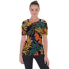 Fashionable Seamless Tropical Pattern With Bright Green Blue Plants Leaves Shoulder Cut Out Short Sleeve Top