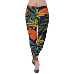 Fashionable Seamless Tropical Pattern With Bright Green Blue Plants Leaves Velvet Leggings