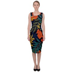 Fashionable Seamless Tropical Pattern With Bright Green Blue Plants Leaves Sleeveless Pencil Dress