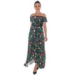 Flowering Branches Seamless Pattern Off Shoulder Open Front Chiffon Dress