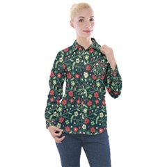 Flowering Branches Seamless Pattern Women s Long Sleeve Pocket Shirt