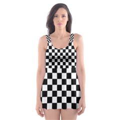 Illusion Checkerboard Black And White Pattern Skater Dress Swimsuit