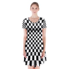 Illusion Checkerboard Black And White Pattern Short Sleeve V-neck Flare Dress