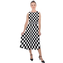 Illusion Checkerboard Black And White Pattern Midi Tie-back Chiffon Dress