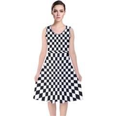 Illusion Checkerboard Black And White Pattern V-Neck Midi Sleeveless Dress 