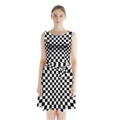 Illusion Checkerboard Black And White Pattern Sleeveless Waist Tie Chiffon Dress