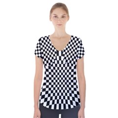 Illusion Checkerboard Black And White Pattern Short Sleeve Front Detail Top