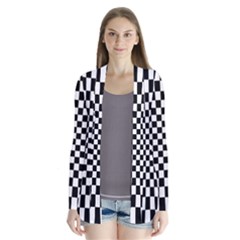 Illusion Checkerboard Black And White Pattern Drape Collar Cardigan