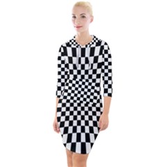 Illusion Checkerboard Black And White Pattern Quarter Sleeve Hood Bodycon Dress