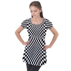 Illusion Checkerboard Black And White Pattern Puff Sleeve Tunic Top