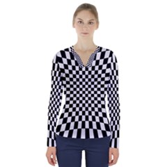 Illusion Checkerboard Black And White Pattern V-Neck Long Sleeve Top