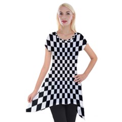 Illusion Checkerboard Black And White Pattern Short Sleeve Side Drop Tunic