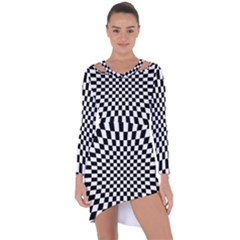 Illusion Checkerboard Black And White Pattern Asymmetric Cut-Out Shift Dress