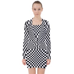 Illusion Checkerboard Black And White Pattern V-neck Bodycon Long Sleeve Dress