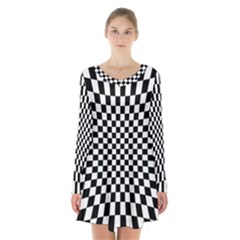 Illusion Checkerboard Black And White Pattern Long Sleeve Velvet V-neck Dress