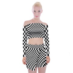 Illusion Checkerboard Black And White Pattern Off Shoulder Top with Mini Skirt Set