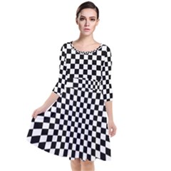 Illusion Checkerboard Black And White Pattern Quarter Sleeve Waist Band Dress