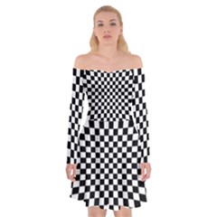 Illusion Checkerboard Black And White Pattern Off Shoulder Skater Dress