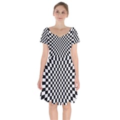 Illusion Checkerboard Black And White Pattern Short Sleeve Bardot Dress