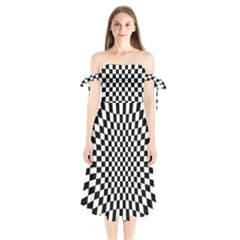 Illusion Checkerboard Black And White Pattern Shoulder Tie Bardot Midi Dress