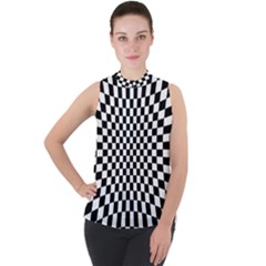 Illusion Checkerboard Black And White Pattern Mock Neck Chiffon Sleeveless Top