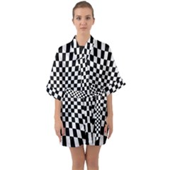 Illusion Checkerboard Black And White Pattern Half Sleeve Satin Kimono 